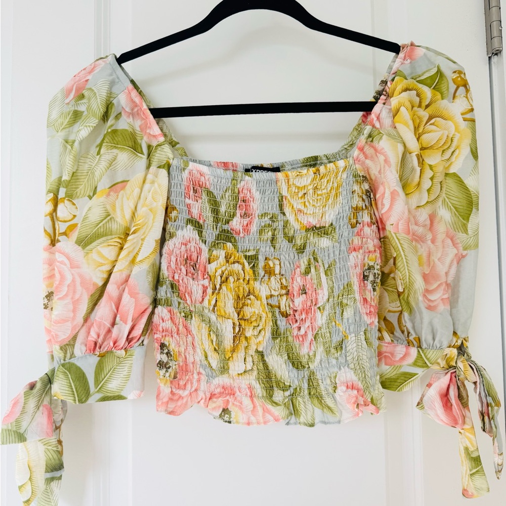 Express Floral Smocked Blouse - light green and white blouse and skirt